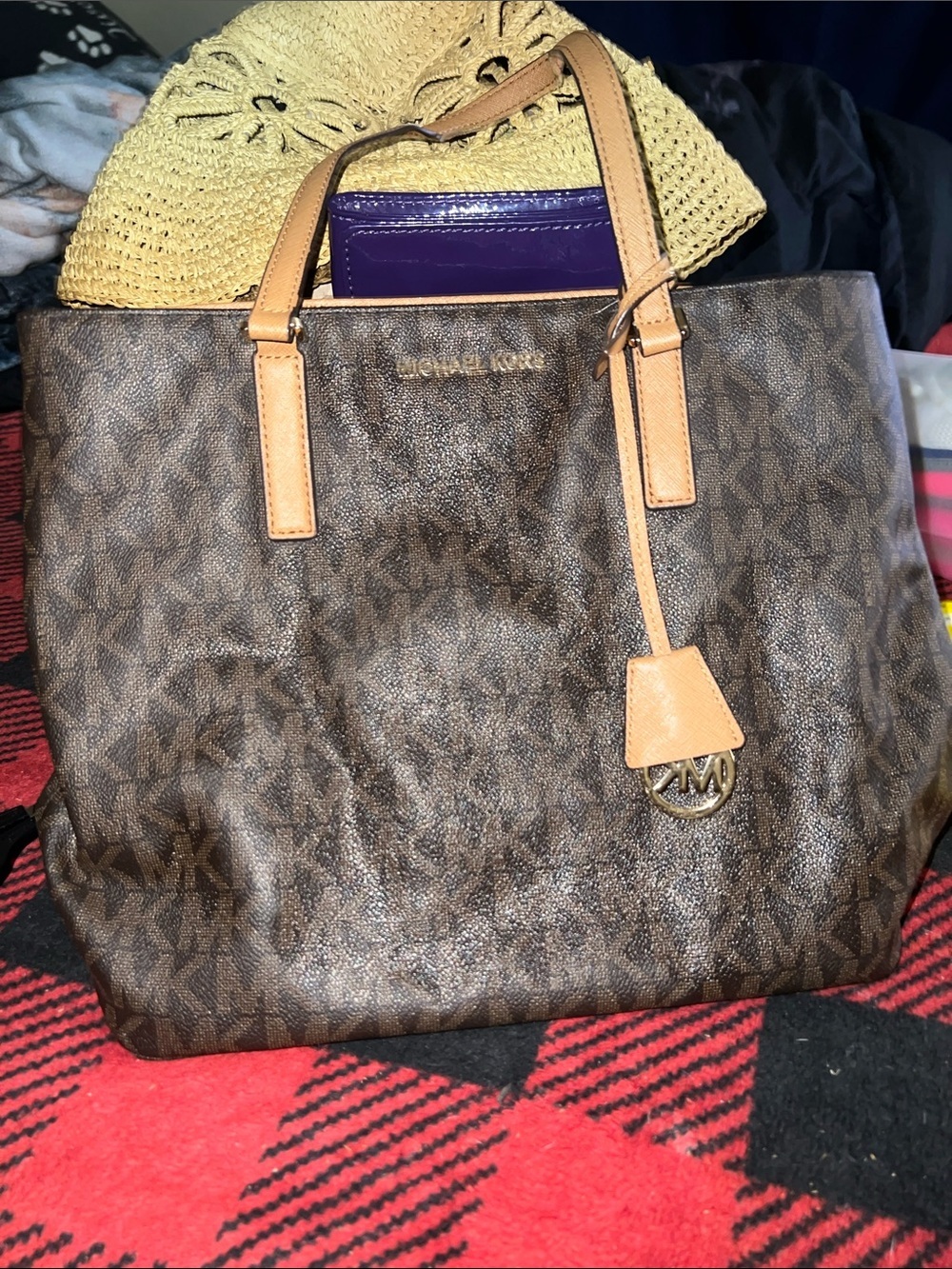 Michael Kors Brown MK Logo Monogram Tote with Tan Leather Handles